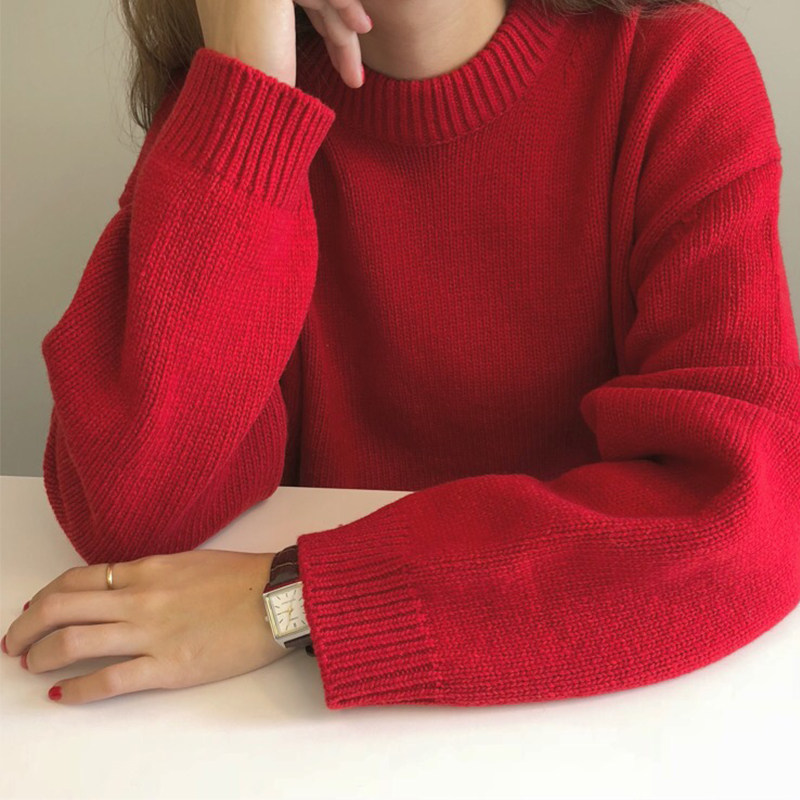 Red Festive Sweater Women Loose Autumn Winter 2021 New lazy wind blouses New Year's Eve undershirt wearing thickened