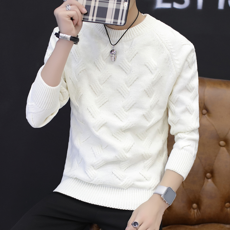Men's White Knit Sweater Pullover Slim Fit Crew Neck Men's Winter Sweater Cable Knit Base Layer Thick Sweater
