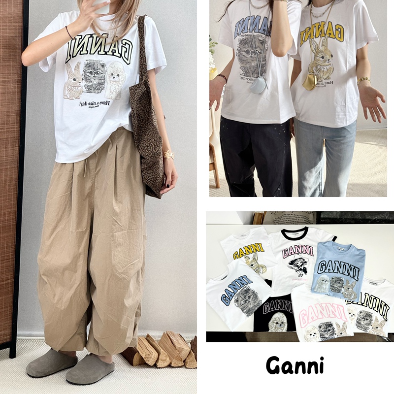 Ganni Cute Rabbit and Cat Short-Sleeve T-Shirts, Various Styles