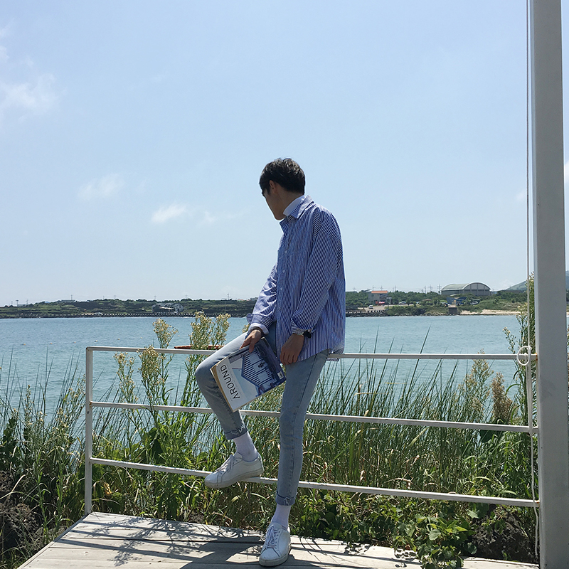 男士衬衫长袖薄款2017夏季新款青年韩版潮流条纹百搭帅气衬衣男