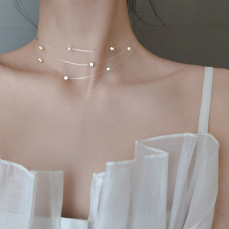 925 sterling silver star multi-layer fishing line necklace female ins simple neck refined short clavicle temperament net red students fresh