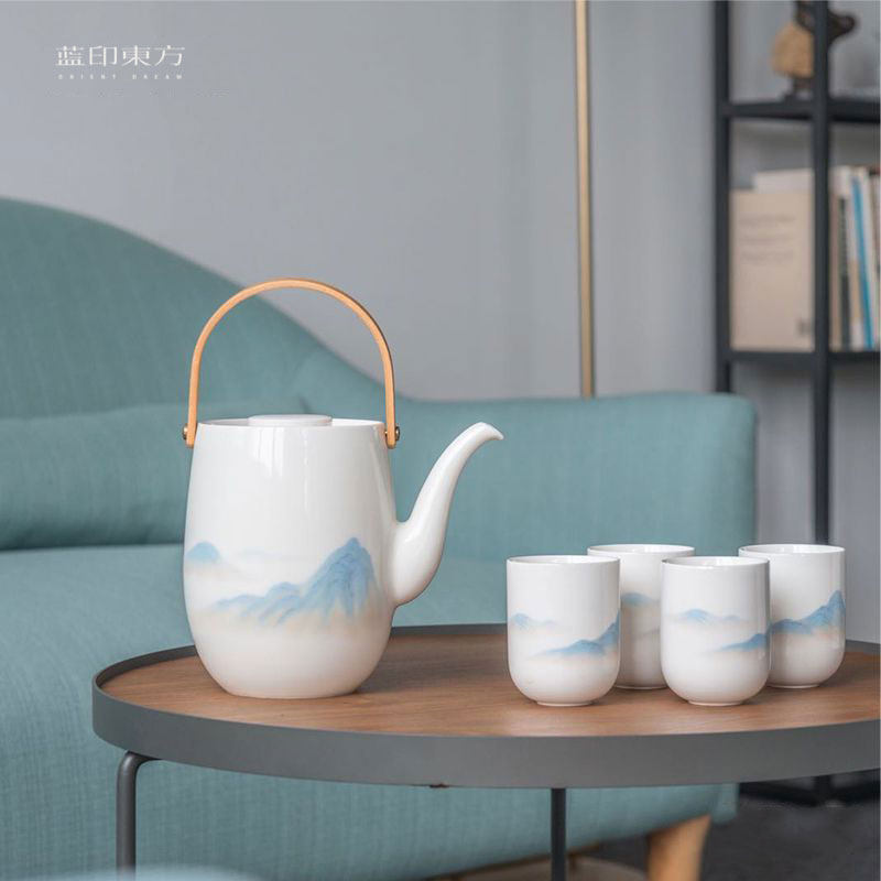 Blue print Oriental beam tea pot Large Kung Fu tea set Household ceramic Chinese large capacity tea cup set