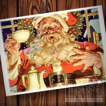 Nostalgic American illustration nostalgic Xmas drinking tea Santa Claus white beard old man postcard decoration card