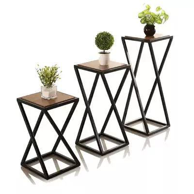 Solid wood iron flower shelf shelf flower pot stand floor balcony living room retro tall flower stand American country