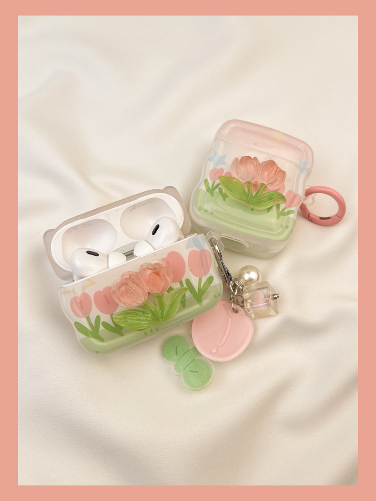 Ins Spring Pink Tulip Flower Protective Cover 3 Lämplig för airpods Hörlursfodral Second Wireless Bluetooth 1 Third S2_voghion.com