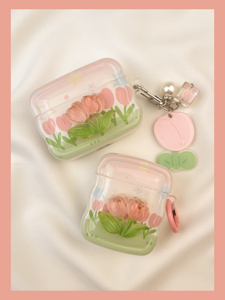 Ins Spring Pink Tulip Flower Protective Cover 3 Lämplig för airpods Hörlursfodral Second Wireless Bluetooth 1 Third S2_voghion.com