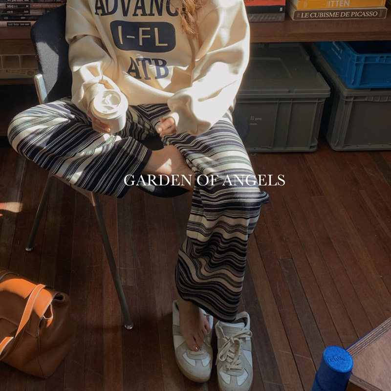 (Spot) Schwei Nice Lazy sense ~ Stripes sports Wind knit long pants