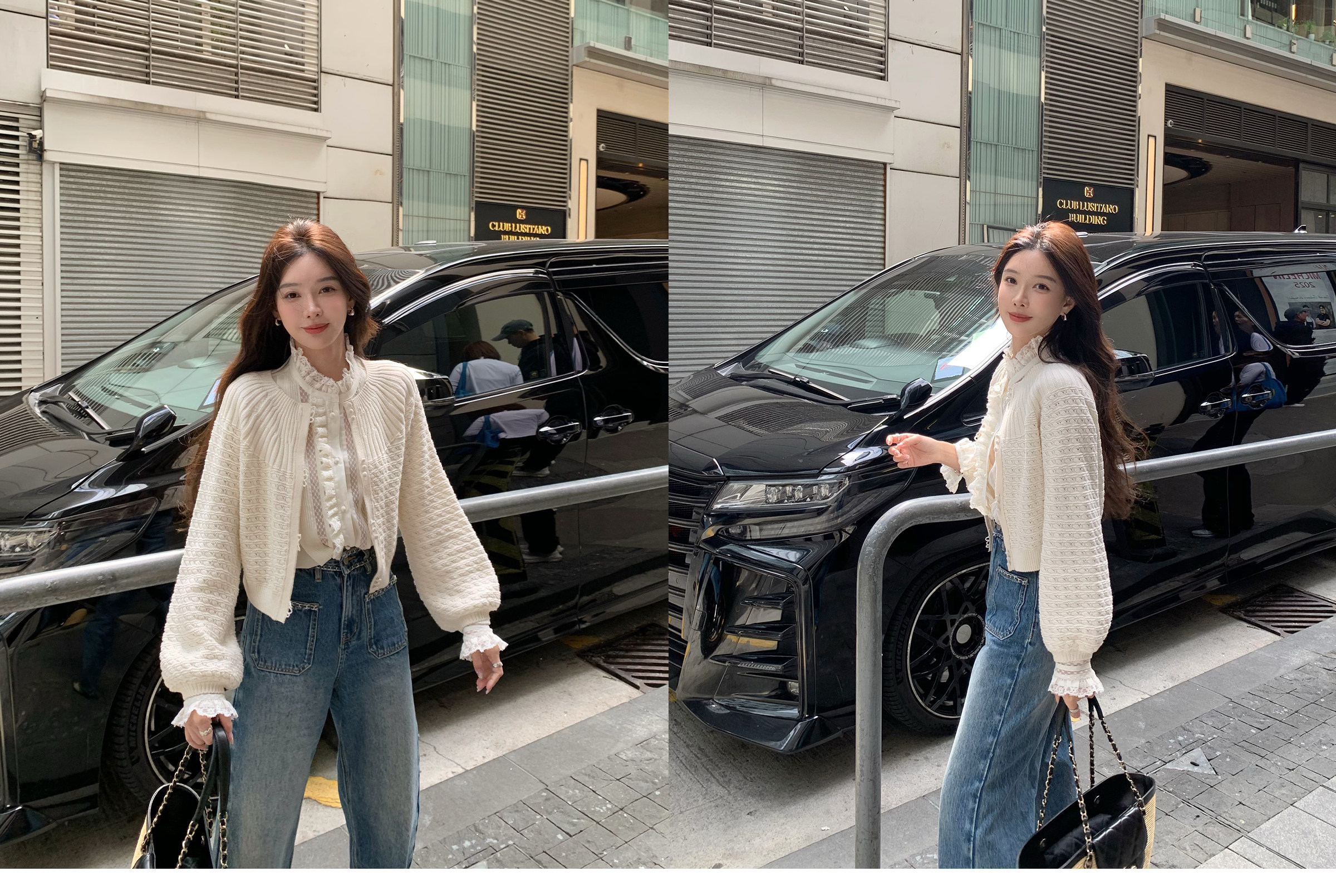 시 웨이 리앙 봄날 전복 프랑스식 낭만주의 루즈핏 느긋한 라운드 넥 벌룬 소매 홀로우 아웃 오픈 가디건 상세 이미지 31