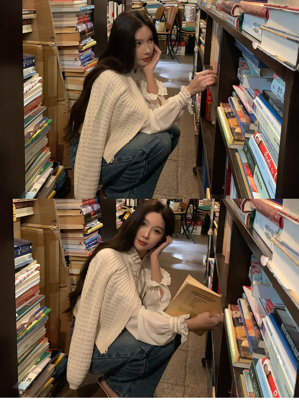 시 웨이 리앙 봄날 전복 프랑스식 낭만주의 루즈핏 느긋한 라운드 넥 벌룬 소매 홀로우 아웃 오픈 가디건 상세 이미지 8