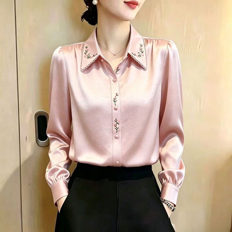 Jacquard Satin Shirt New Style Embroidered Long-Sleeve Floral Spring and Autumn Shirt Fashionable and Stylish 2026 Elegant Slimming Top