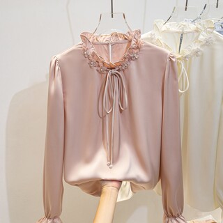 2025 new fungus lace stand collar tie white shirt women's glossy satin bottoming long sleeve temperament top