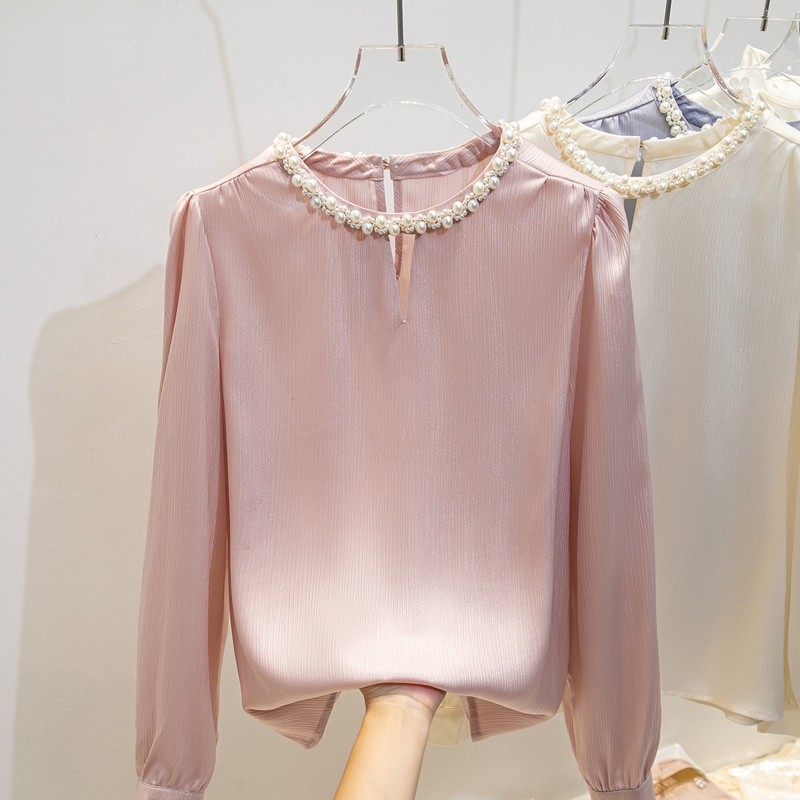 2026 Autumn New Pink Shirt for Women, French Style, Unique Satin Round Neck Beaded Blouse, Long Sleeve Top
