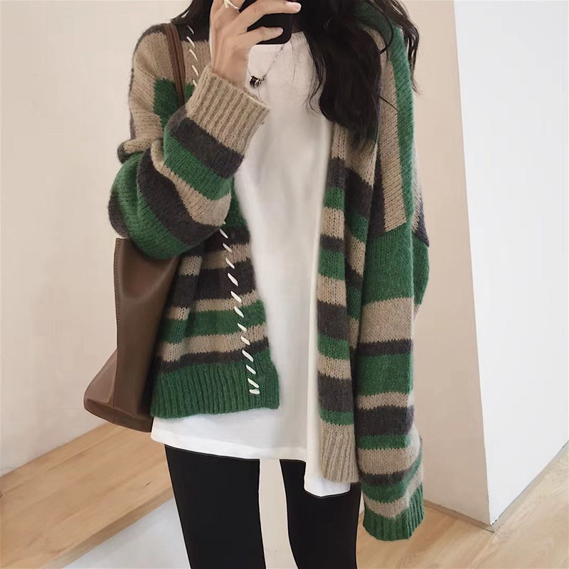 French maje22 spring small fragrant wind wool knit cardiovert retro style Lazy Wind Striped Sweater Jacket Woman
