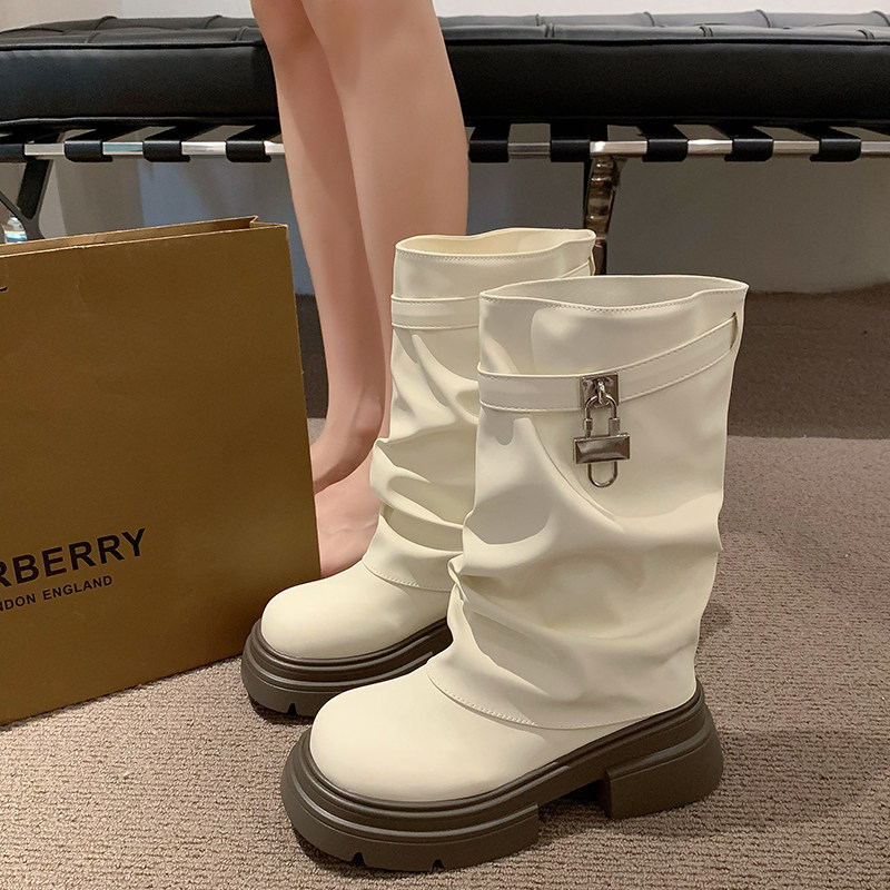 Trendy Thick-Soled Height-Increasing Short Boots for Women, 2025 Summer Retro Versatile Stacked Trouser-Leg Boots, White Mid-Calf Boots