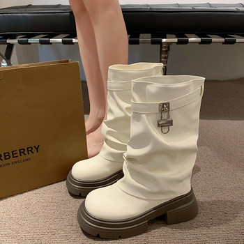 Trendy Thick-Soled Height-Increasing Short Boots for Women, 2025 Summer Retro Versatile Stacked Trouser-Leg Boots, White Mid-Calf Boots