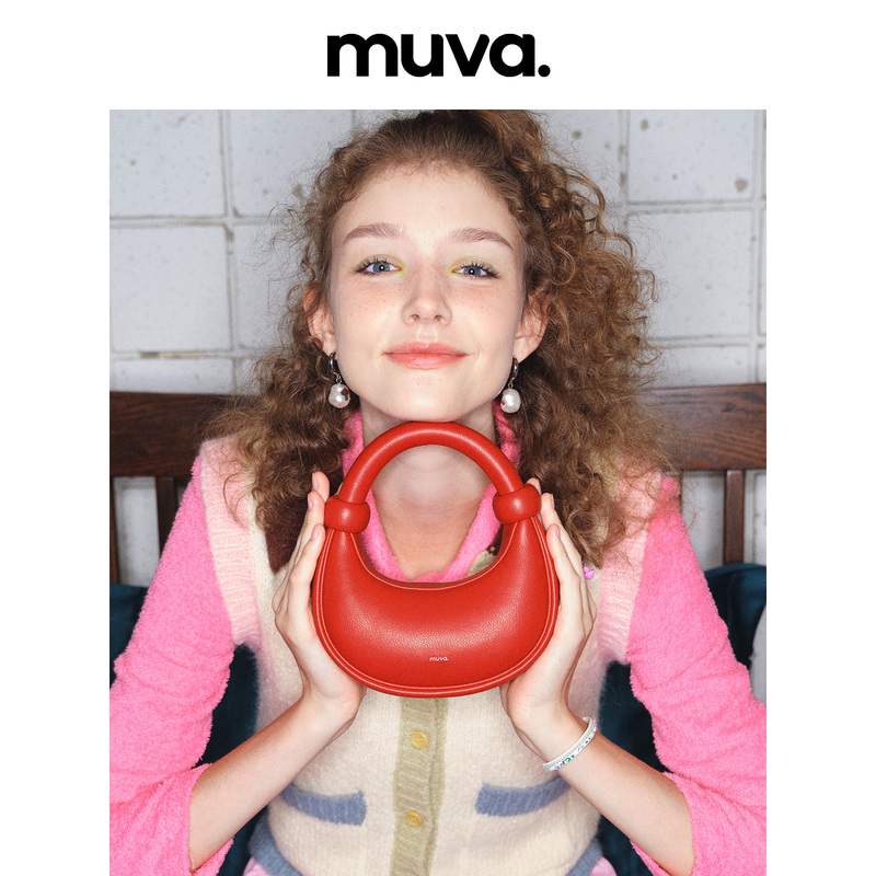 Muva Original Design Niche Beaded Bag, Red Small Handbag for Women, Small Tote Bag, Genuine Leather Crescent Bag, Can Be Worn Crossbody
