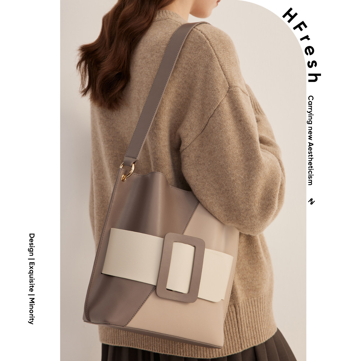 HFresh large-capacity tote bag contrast color shoulder bag women's bag new 2021 commuter bag autumn and winter bag bucket bag