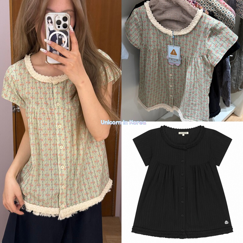 In Stock Coyseio 26 Summer New Collection Vintage Floral Lace Trim Babydoll Short-Sleeve Shirt for Women