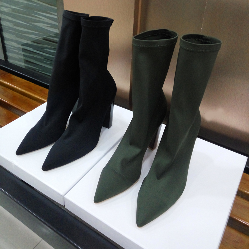 European and American stovepipe pointed toe high-heeled elastic ankle boots socks boots women's 2022 spring Lycra black army green thick and thin thin boots