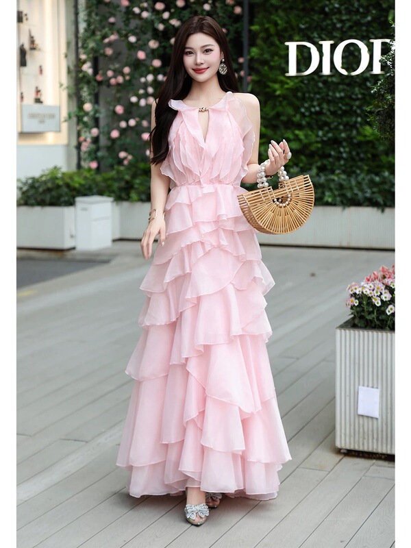 Design-Inspired Fairy Holiday Style Sleeveless Layered Cake Dress, Pink Tulle Birthday Gown, Long Dress with an Elegant Vibe