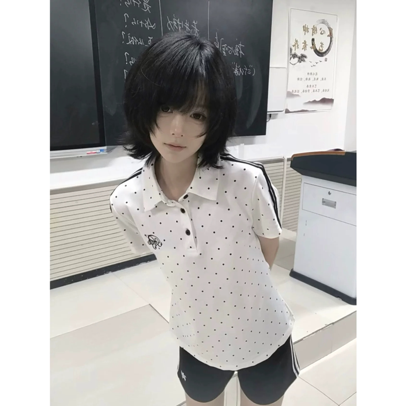 Japanese-Style Cute Polka Dot Embroidered Polo Shirt Short-Sleeve T-Shirt for Women, Summer Slim-Fit Sports College Style Gymnastics Top Japanese-Style Cute Polka Dot Embroidered Polo Shirt Short-Sleeve T-Shirt for Women, Summer Slim-Fit Sports College Style Gymnastics Top