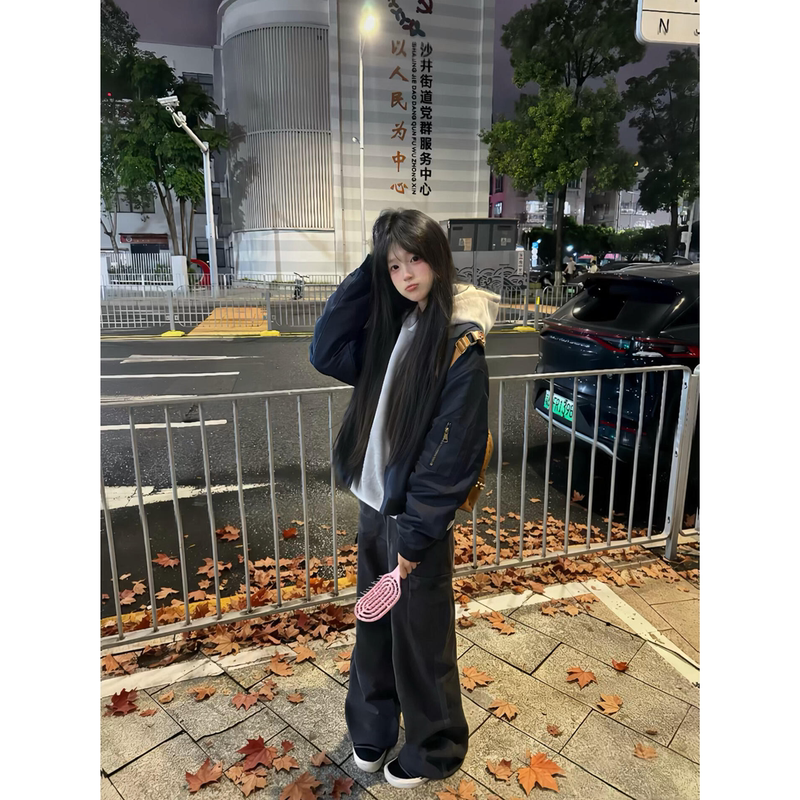 American Retro Flight Jacket with Stand Collar and Zipper for Women, Suitable for Spring and Autumn, Student Couple Workwear Baseball Jacket Cardigan Top
