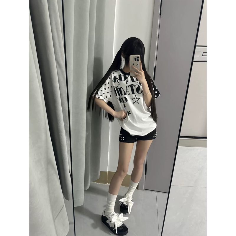 American Retro Five-Pointed Star Letter Raglan Short-Sleeve T-Shirt for Women, Summer Lazy Style, Niche Design, Couple's Top