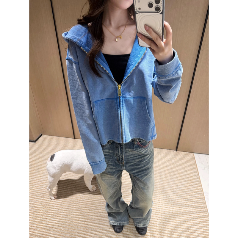 American High Street Style Washed Vintage Blue Hooded Sweatshirt for Women, Spring and Autumn, Relaxed Fit, Niche Short Hoodie with Zipper American High Street Style Washed Vintage Blue Hooded Sweatshirt for Women, Spring and Autumn, Relaxed Fit, Niche Short Hoodie with Zipper