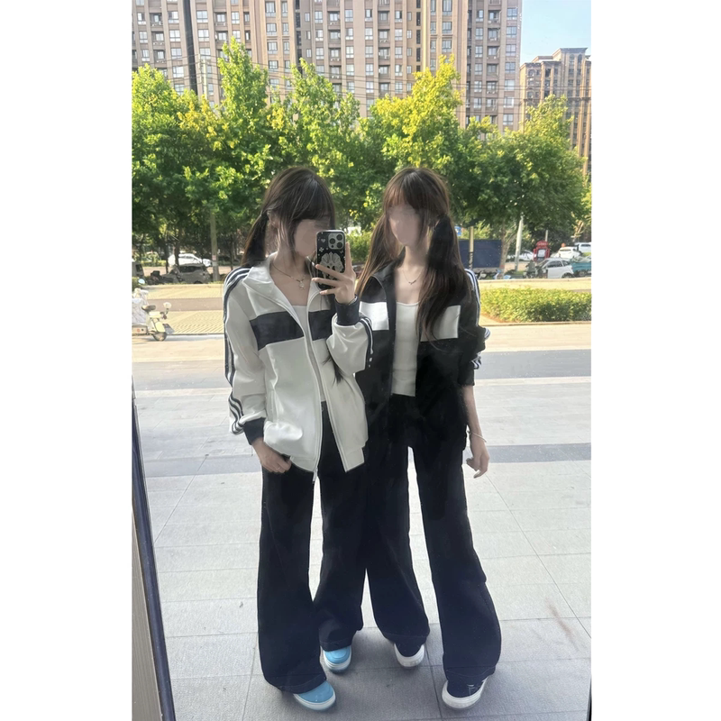 American-Style Trendy Brand Three-Stripe Sports Stand-Collar Sweatshirt for Women, Spring and Autumn Design, Niche Couple's Zip-Up Jacket