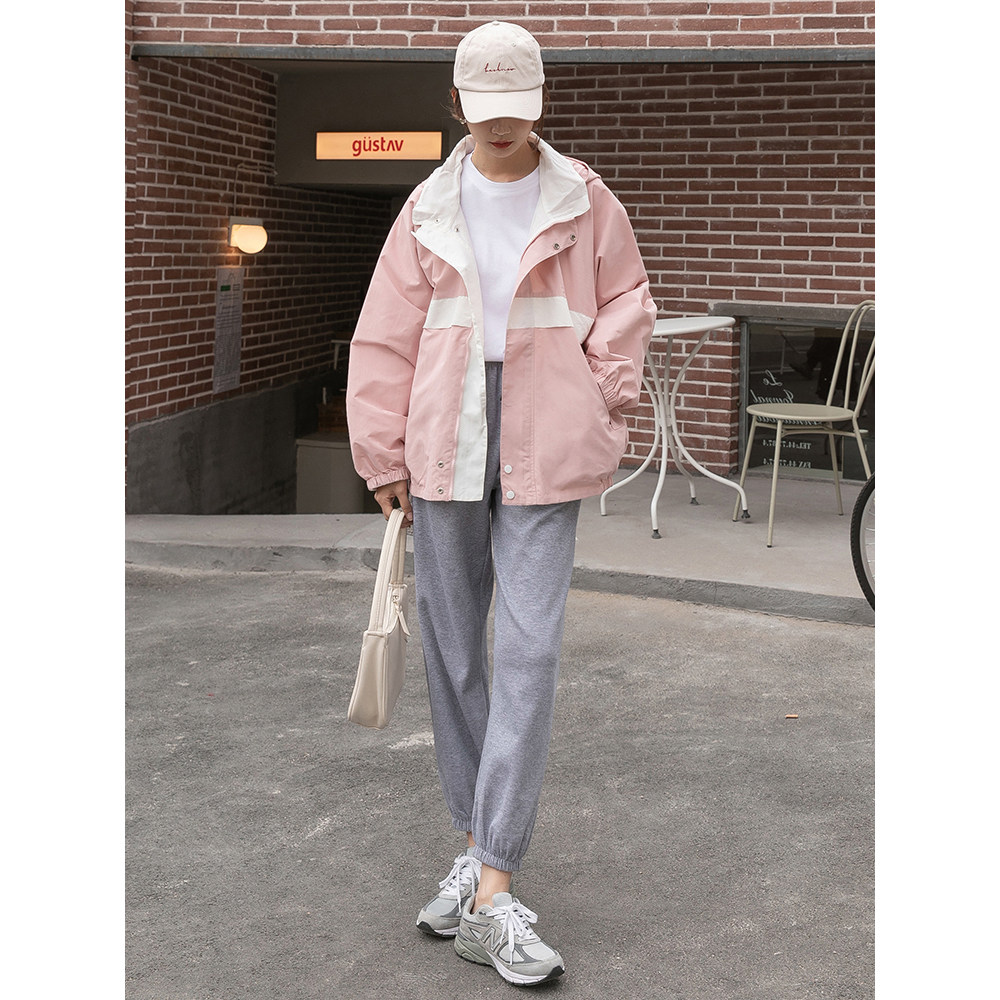 The princess's college style jacket female 2022 autumn new letter printing hooded contrast color two-sided top all-match