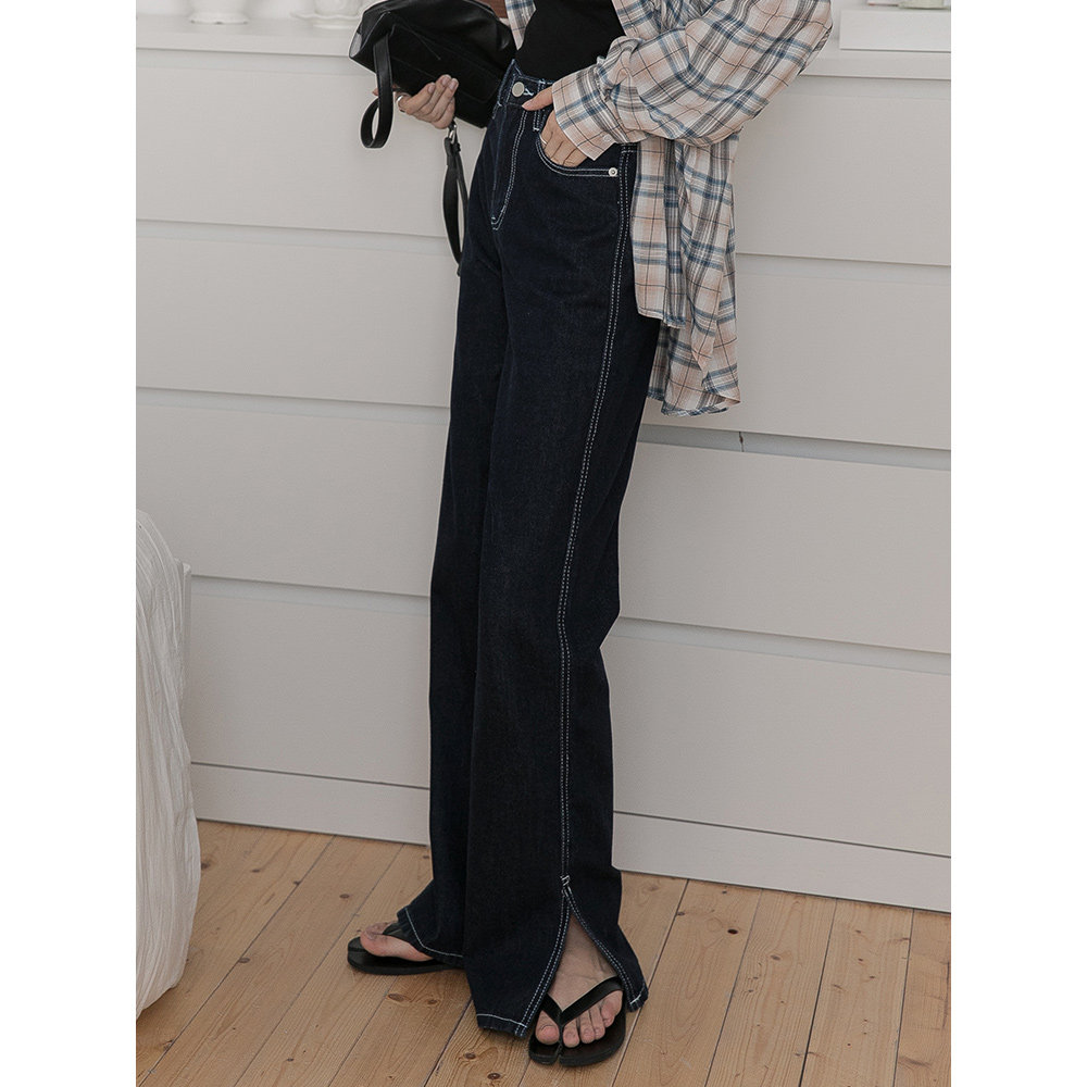 Princess Wang's family 2022 Spring new thin section 100 lap high waist display slim loose open fork straight cylinder wide leg towering jeans female