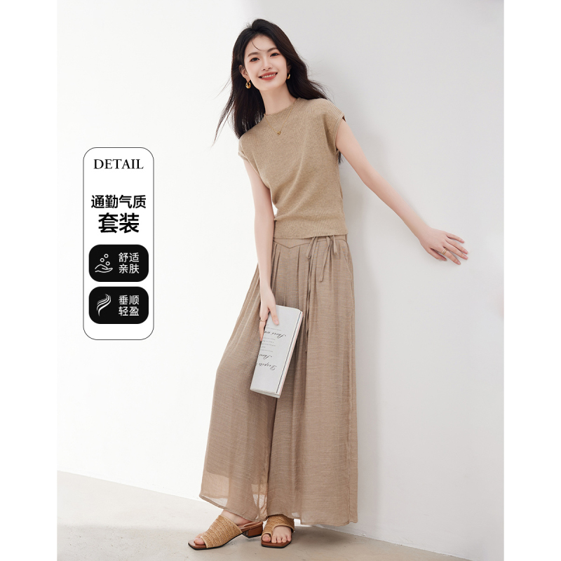 T-Shirt and Wide-Leg Pants Two-Piece Set for Women, Summer 2026 New Style, Casual, Elegant, High-End, Age-Reducing, Fashionable Complete Set
