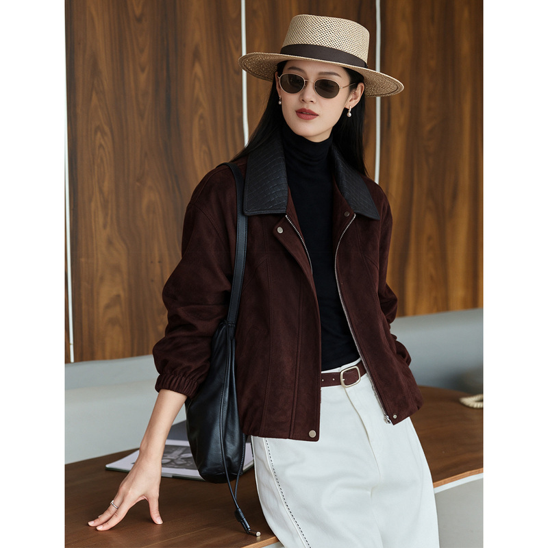 Xinfeiyu Casual Style Melard Brown Suede Short Jacket 2026 Autumn Women's Leather Lapel Versatile Coat