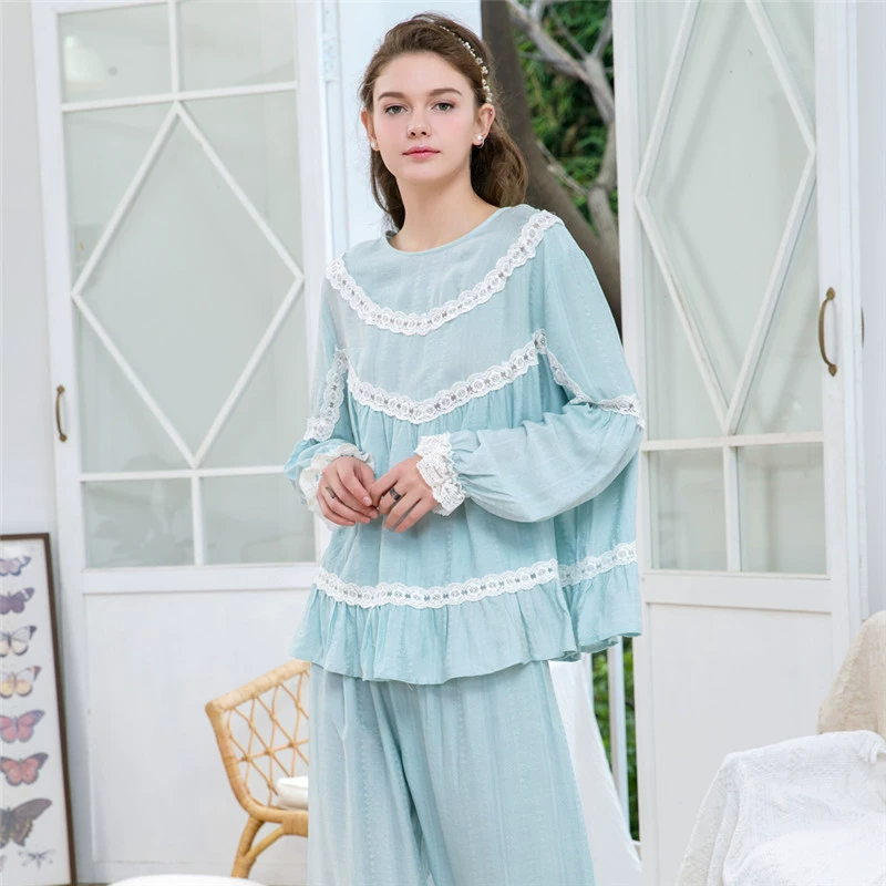 Bộ đồ ngủ đầu mùa thu của phụ nữ cotton dài tay Hàn Quốc ngọt ngào phong cách công chúa satin cotton mùa thu dịch vụ nhà phù hợp với bà bầu - Cặp đôi