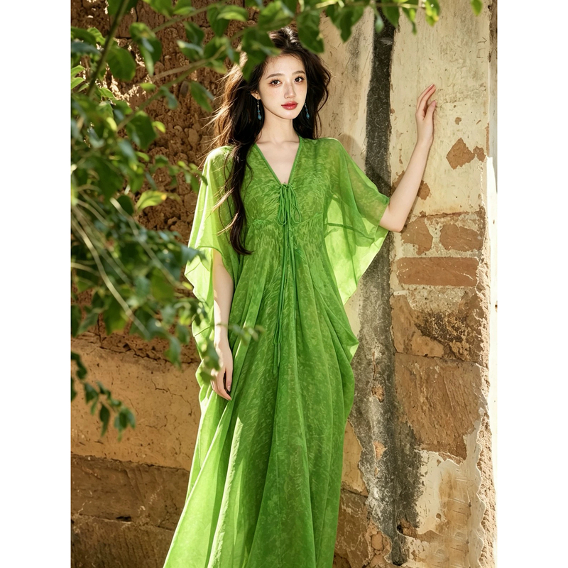 New Chinese-Style Lazy Green V-Neck Dress for Women, Summer New Style Seaside Vacation Dress, Unique and Beautiful Long Dress