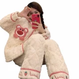 Коралловая бархатная зимняя стеганая утепленная пижама, фланелевый демисезонный комплект, с медвежатами