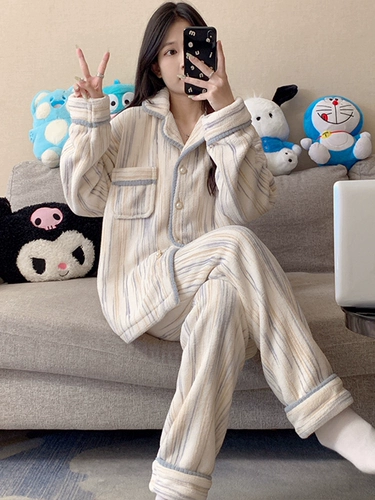 Демисезонная пижама, коралловый бархатный лонгслив, кардиган, зимний комплект, фланелевый лебедь, увеличенная толщина