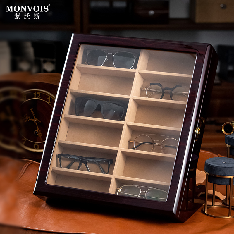 Glasses Storage Box, High-End Wooden Multi-Compartment Large-Capacity Jewelry, Sunglasses, and Eyeglasses Storage Box, Anti-Pressure, for Home Use
