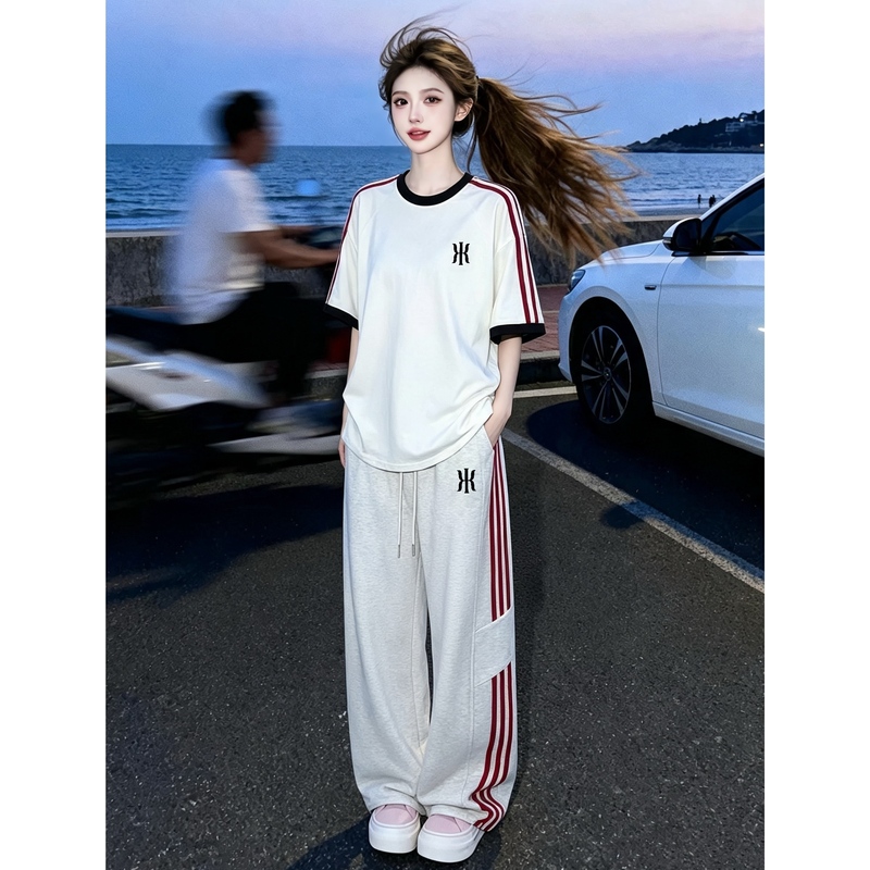 Outlet Striped Short-Sleeve Set Unisex Summer Casual Loose Two-Stripe T-Shirt and Long Pants Set