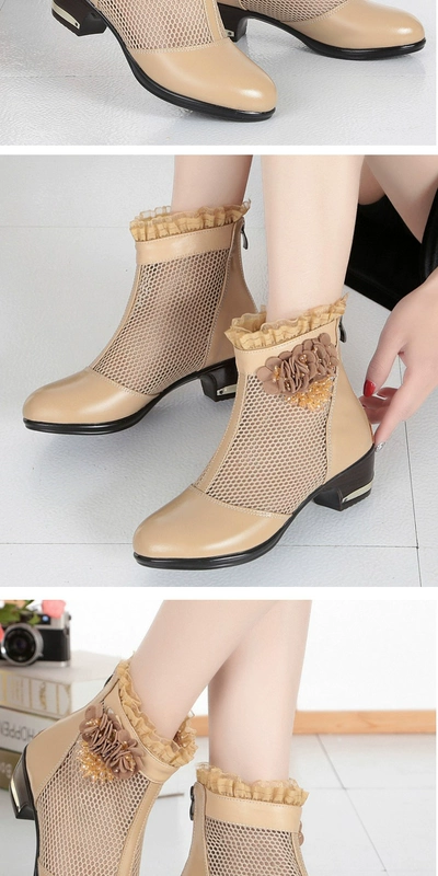 Kích thước lớn net boots gót thấp hollow boots da ren khởi động khởi động trẻ em giày mùa xuân và mùa hè mẹ duy nhất khởi động nữ giày