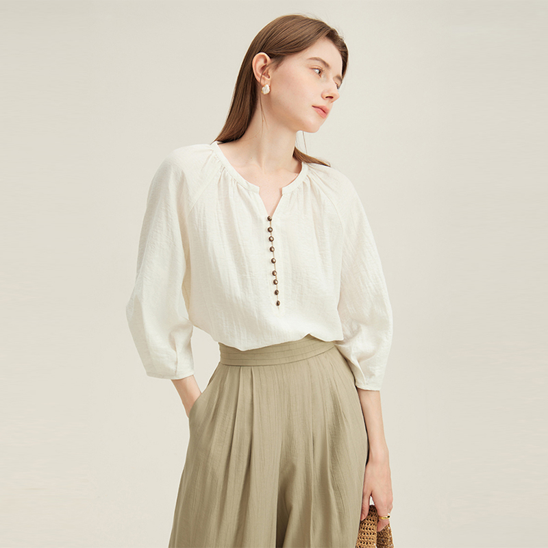 French-Style Cotton and Linen Shirt for Women, Summer 2026 New Model, Professional Commuting Shirt, Casual Loose-Fitting Three-Quarter Sleeve Top