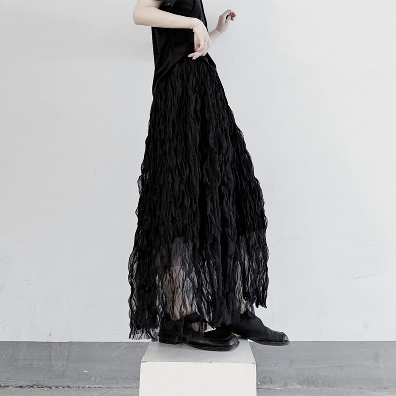 High-End Black Wool Pleated Mesh Skirt for Women, Spring and Autumn Elastic High-Waisted Large A-Line Skirt, Long Skirt