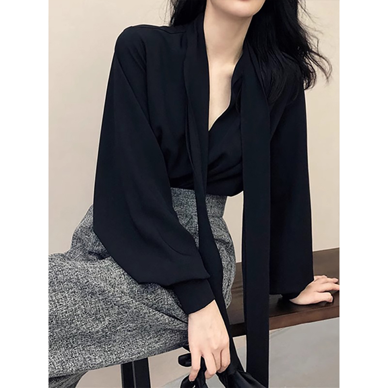 Black Ribbon Long-Sleeved Chiffon Shirt for Women, Spring and Autumn 2026 New Style, High-End and Elegant, Bow-Tie Lace-Up Top, Trendy