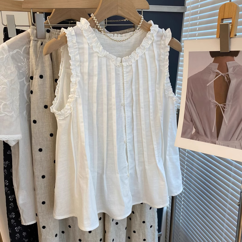 Korean White Sweet Ruffled Sleeveless Vest Shirt for Women, Summer Loose Fit, Age-Reducing, Petite Doll Shirt Top