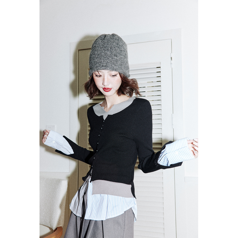 Rosebanks, Guess How Many Pieces You'Re Wearing Today? Color-Blocked Layered Fake Three-Piece Shirt with Knitted Sweater
