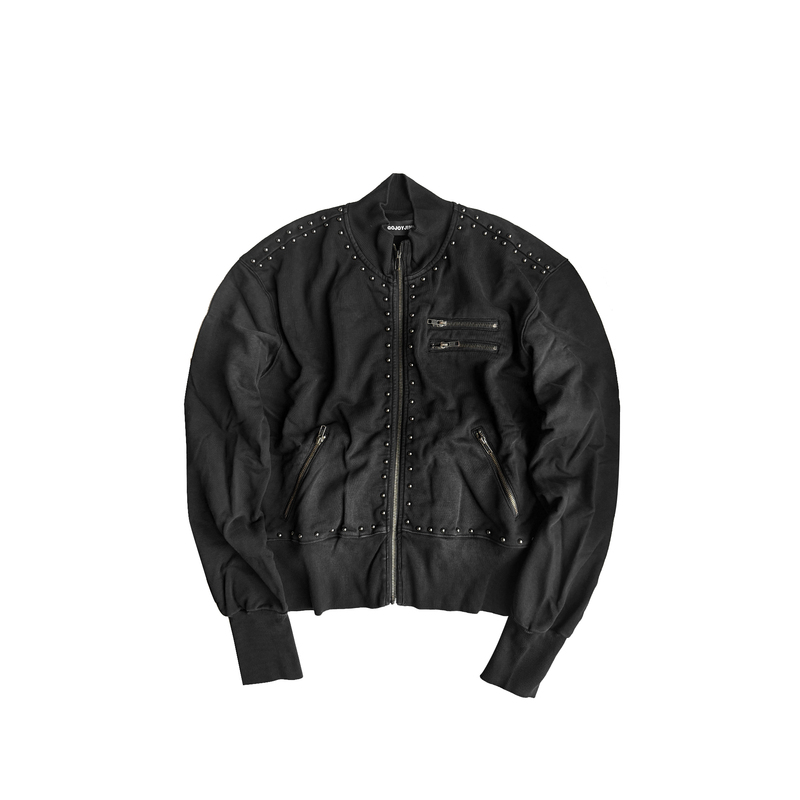 Gojoyjinni Washed Metal Rivet Distressed Straight-Zip Short Sweatshirt Jacket