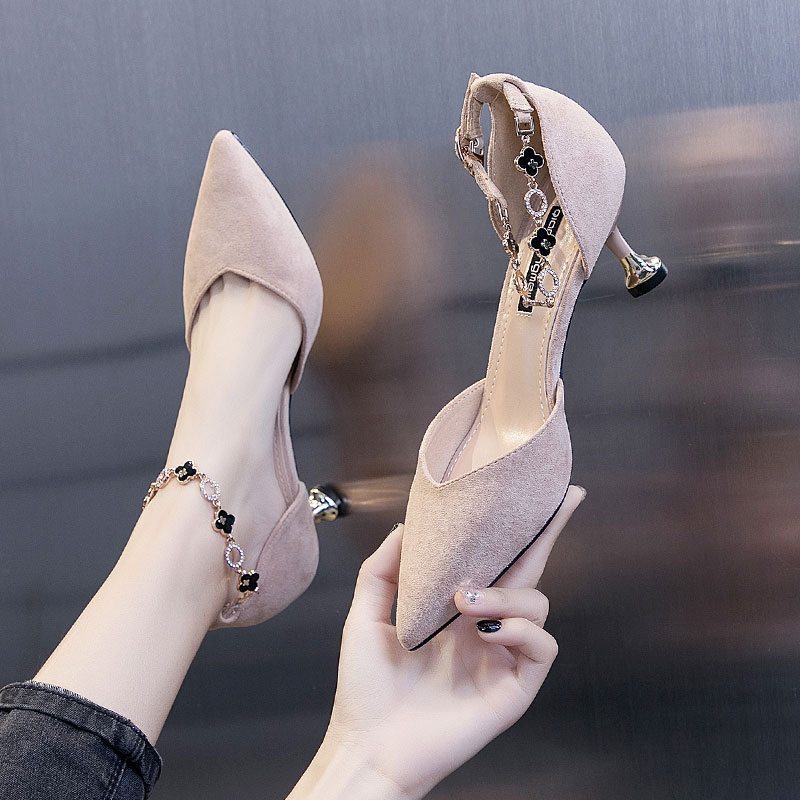 Fall women's shoes 2022 New word buttons High heel heels 100 hitch Pointed Shallow Mouth Single Shoes Woman Fairy Wind heel