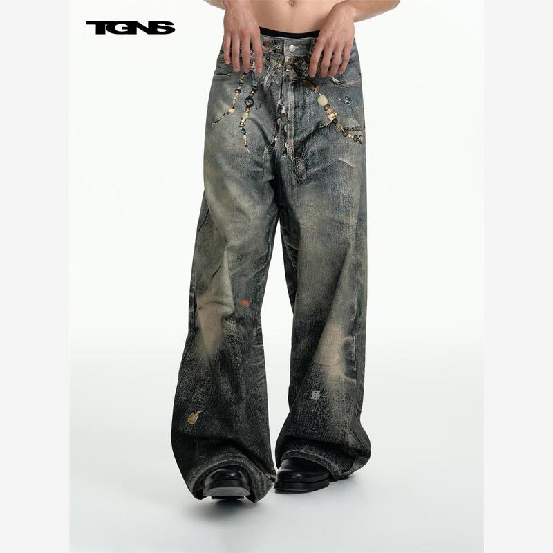 Tgns3D Printed Beaded Printed Jeans for Boys in Autum American Retro Loose Pants for Women Design Pants