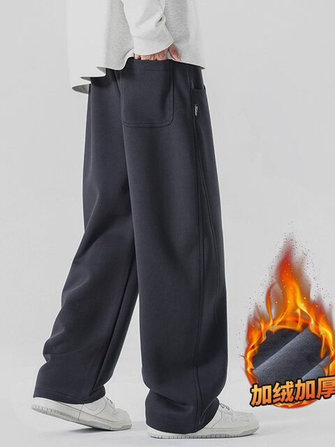 Velvet thickened sweatpants men's autumn and winter 2025 new American straight scimitar trousers teenagers loose casual pants