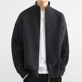 American-Style Trendy Brand Stand-Up Collar Cardigan Jacket for Men, Spring and Autumn, High-End, Heavyweight, Loose, Stylish, Fleece-Lined Knit Jacket for Men